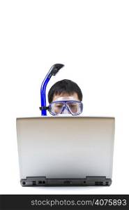 An isolated shot of a businessman wearing a snorkeling equipment while working on a laptop. Can be used to convey the idea of a businessman longing for a vacation but unable to do so because of hi...