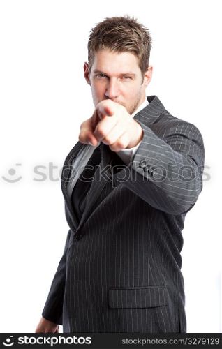 An isolated shot of a caucasian businessman pointing