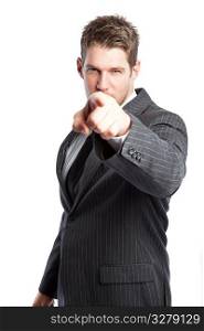 An isolated shot of a caucasian businessman pointing
