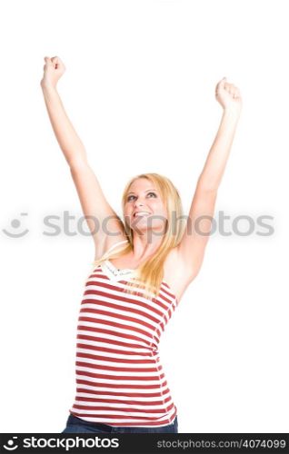 An isolated shot of a happy beautiful young caucasian woman with her arms raised