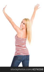 An isolated shot of a happy young caucasian woman raising her arms