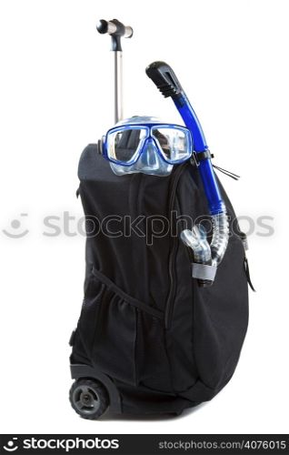 An isolated shot of a luggage and snorkeling equipment, can be used for travel or vacation concept