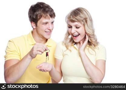 An isolated shot of a young caucasian couple holding a set of keys