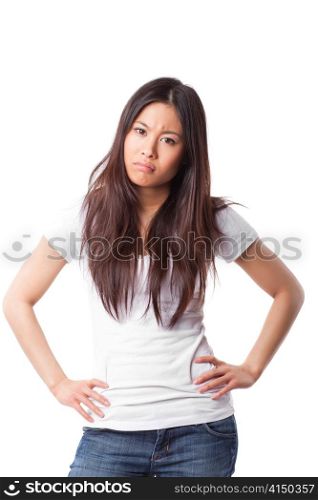 An isolated shot of an angry and pouting asian woman