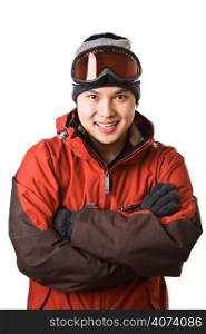 An isolated shot of an asian snowboarder