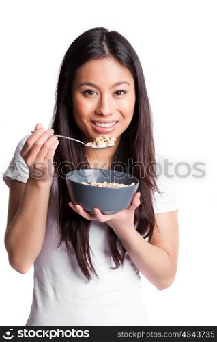 An isolated shot of an asian woman holding a bowl of cereal