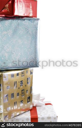 An isolated shot of stacked christmas gift boxes with copyspace