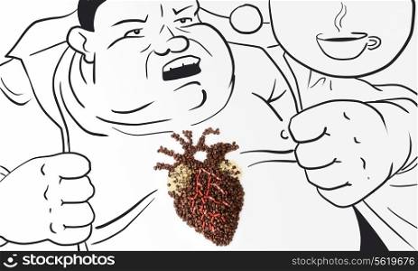 An obese man with his heart made of drugs and coffee beans who demands a cup of coffee.
