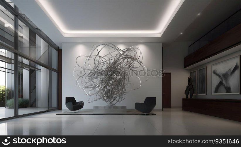 An office lobby with a large modern sculpture dynamic lig  created with generative AI