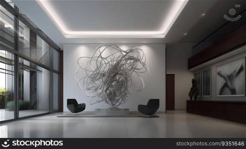 An office lobby with a large modern sculpture dynamic lig  created with generative AI