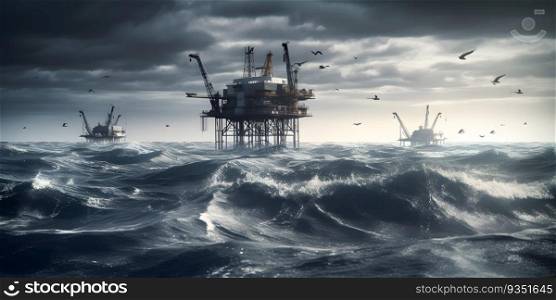 An oil rig in the middle of the ocean surrounded by waves  created with generative AI