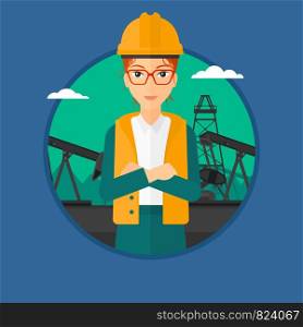 An oil worker in uniform and helmet. Oil worker standing with crossed arms on pump jack background. Vector flat design illustration in the circle isolated on background.. Cnfident oil worker.