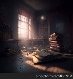 an old abandoned dusty room with books strewn around and cobwebs hanging created by generative AI