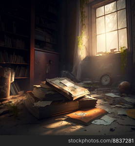 an old abandoned dusty room with books strewn around and cobwebs hanging created by generative AI