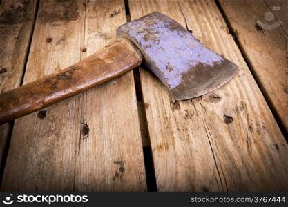 An old axe with a wooden handle and wear marks sits on a rough timber background