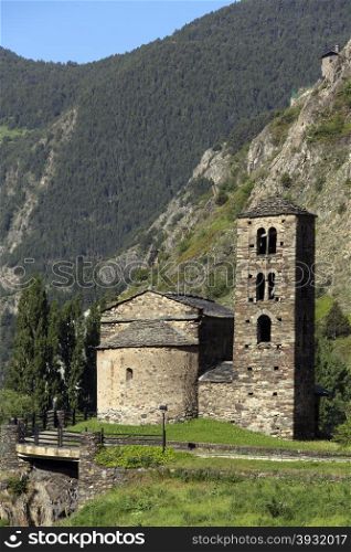 An old chapel in the small autonomous principality of Andorra in the southern Pyrenees, between France and Spain. Andorra is a prosperous country mainly because of its tourism industry, with an estimated 10.2 million visitors per year and also because of its status as a tax haven.
