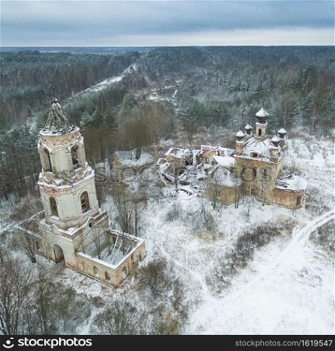An old dilapidated Orthodox church. Winter snow. old dilapidated Orthodox church. Winter snow