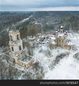 An old dilapidated Orthodox church. Winter snow. old dilapidated Orthodox church. Winter snow