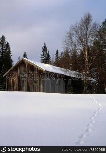 An old farmhouse in snowy landscape