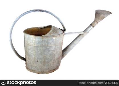 An old galvanized zinc watering can with bracket isolated on white