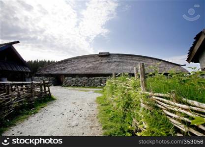 An old norwegian viking farm with a long house