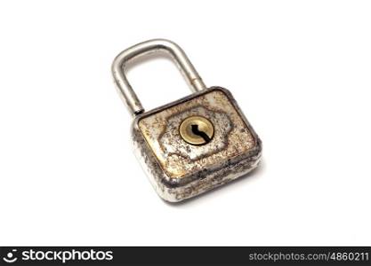 An old padlock isolated on white background