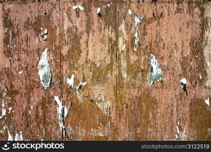 An old, weathered wall of plywood covered in peeling paint and remnants of old flyers that had been stapled on and then ripped off.