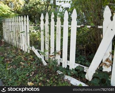 An old white picket fence falling into disrepair as it appears to be agandoned and unmaintained.
