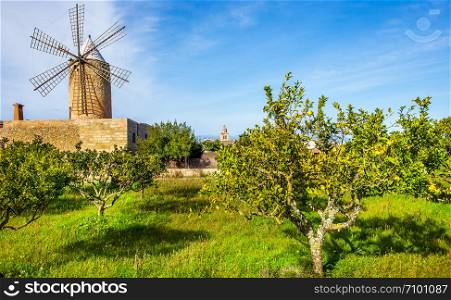 An old windmill in Algadia Mallorca Spain. Windmill in Algadia Mallorca Spain