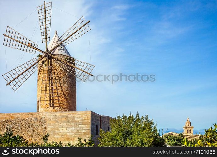 An old windmill in Algadia Mallorca Spain. Windmill in Algadia Mallorca Spain