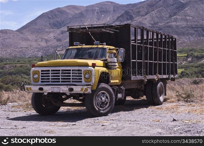an old yellow truck to transport animals