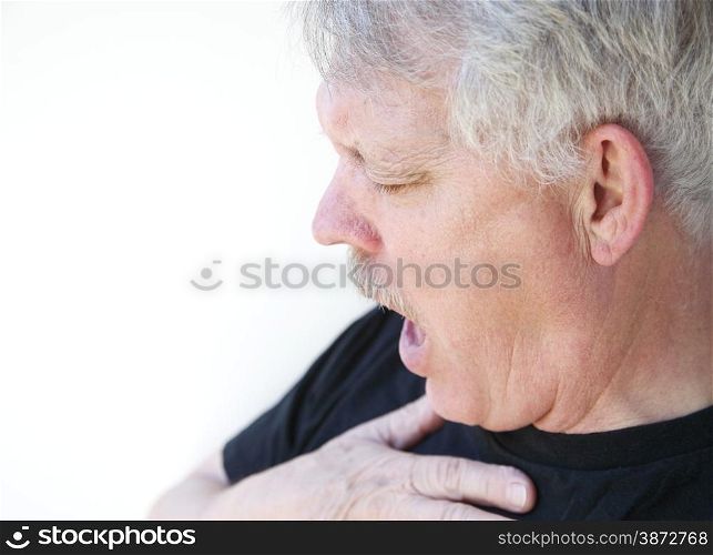 An older man has difficulty getting his breath.