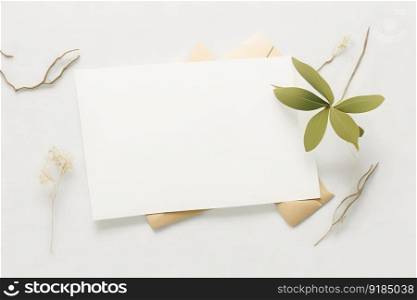 An olive branch and a stack of blank invitation cards on a white background of soft linen. Generative AI.