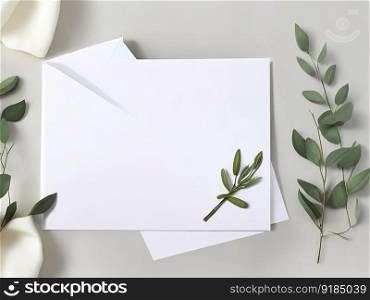 An olive branch and a stack of blank invitation cards on a white background of soft linen. Generative AI.