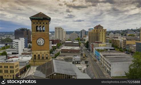 An ominous sky cover the downtown area of Tacoma Washington