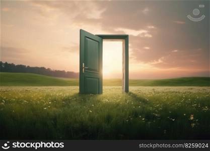 An open door stands in a green landscape created with≥≠rative AI technology