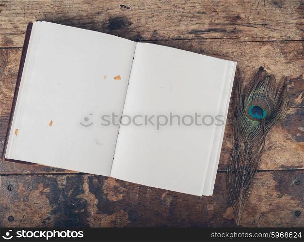 An open notebook and a peacock feather on a wooden desk