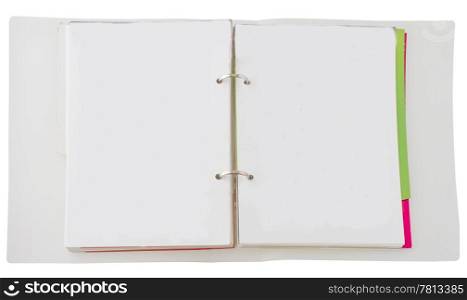 An open ring notebook with blank pages