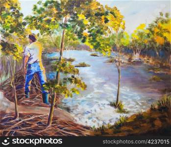 An original acrylic painting on canvas of a man walking on top of a beaver dam, in Northern Saskatchewan, Canada.