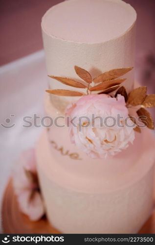 An original high wedding cake decorated with flowers and leaves.. Stylish wedding cake with leaves 3818.
