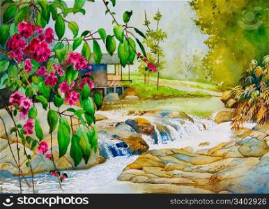 An original watercolor painting inspired by a beautiful spring scene in Thailand.