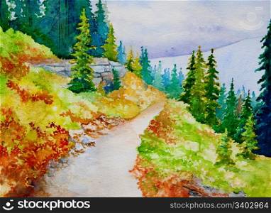 An original watercolor painting inspired by the beautiful mountain trails of Banff National Park.