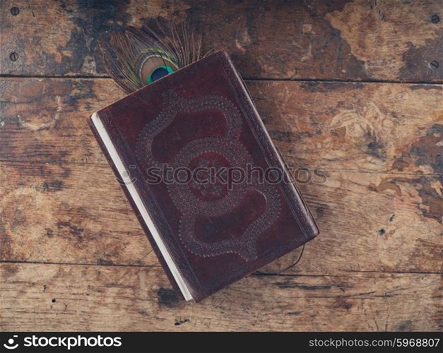 An ornate notebook on a wooden desk with a peacock feather as a bookmark
