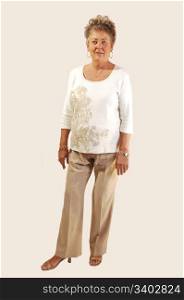 An senior woman standing for white background.