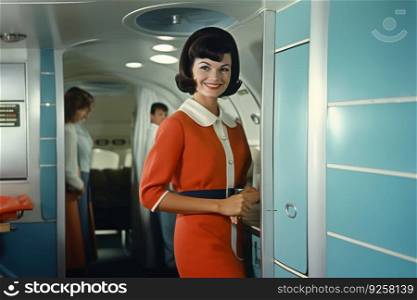 An smiling air hostess standing inside of airplane. Generative AI AIG21.