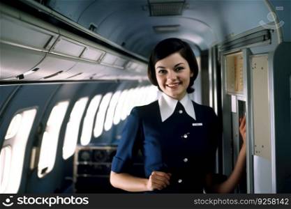 An smiling air hostess standing inside of airplane. Generative AI AIG21.