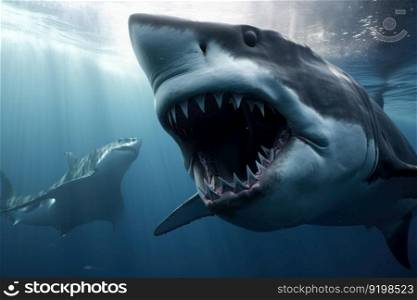 An underwater view of a shark with its mouth wide open and teeth exposed, ready to attack in the clear blue water of the ocean. AI Generative.