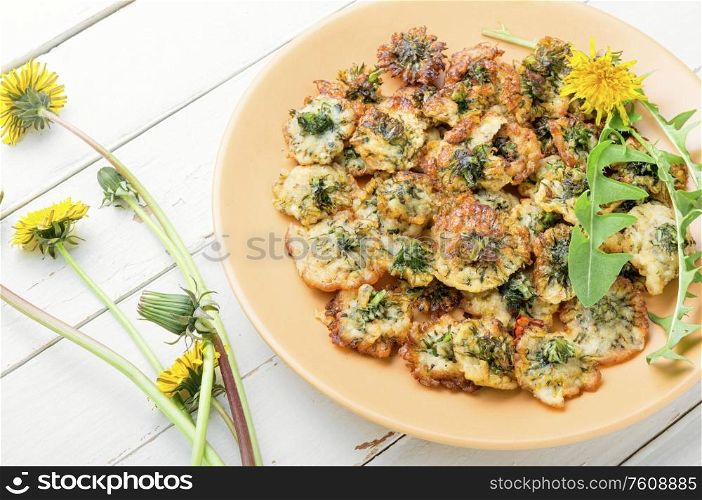 An unusual dish of fried dandelion flowers. Fried dandelion flowers