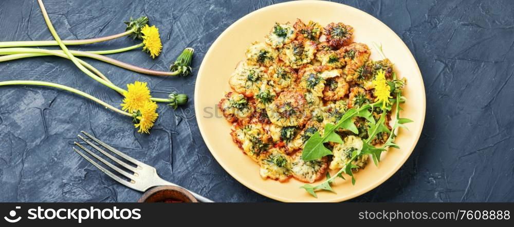 An unusual dish of fried dandelion flowers. Fried dandelion flowers