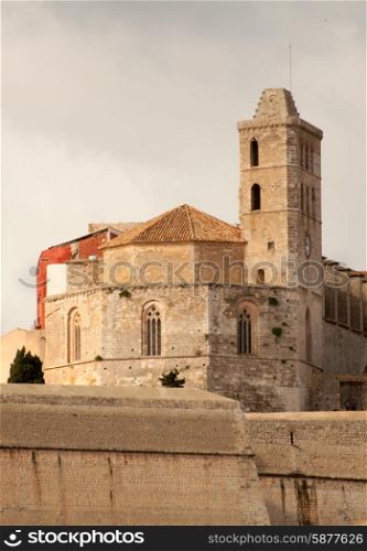 An up close view of the tower of the Cathedral Santa Maria in Ibiza
